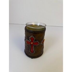 Western Leather Embossed Candle Holder Decor with Crosses Home Accent